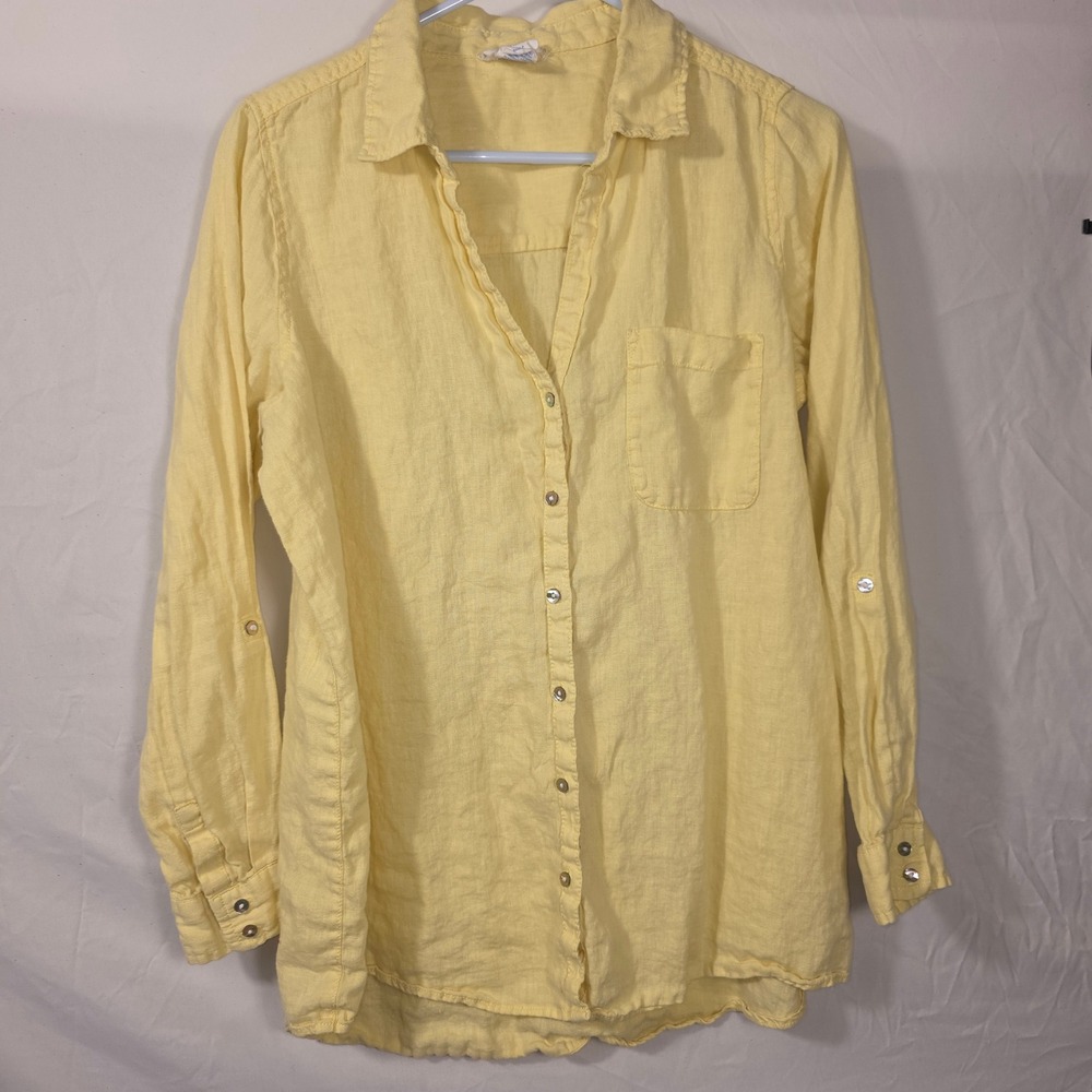 Sigrid Olsen Button Down Shirt Womens L Yellow Excellent Linen Roll Tab 742